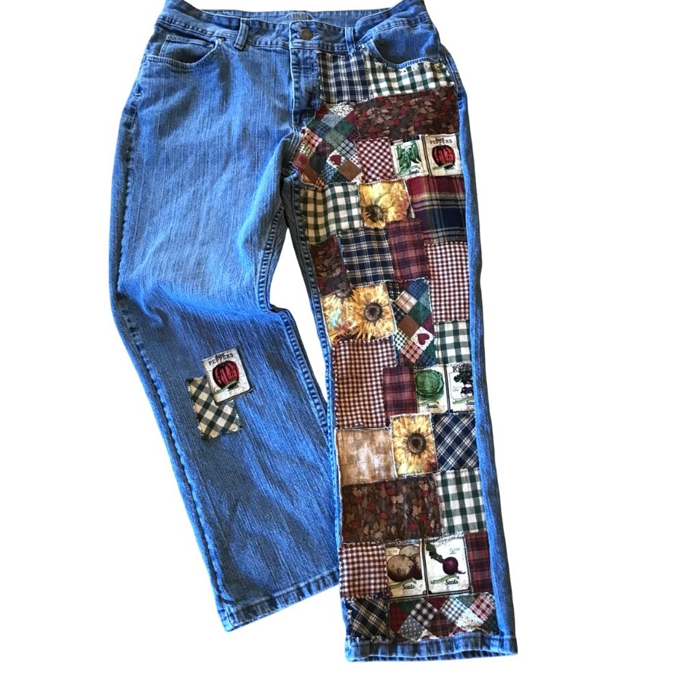 Upcycled Patchwork Jeans, Spring Garden Sunflower Plaid Patches Reworked Sz 16P